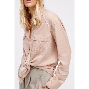 FREE‎ PEOPLE Off Campus Button Down Top in blush pink silver trim
